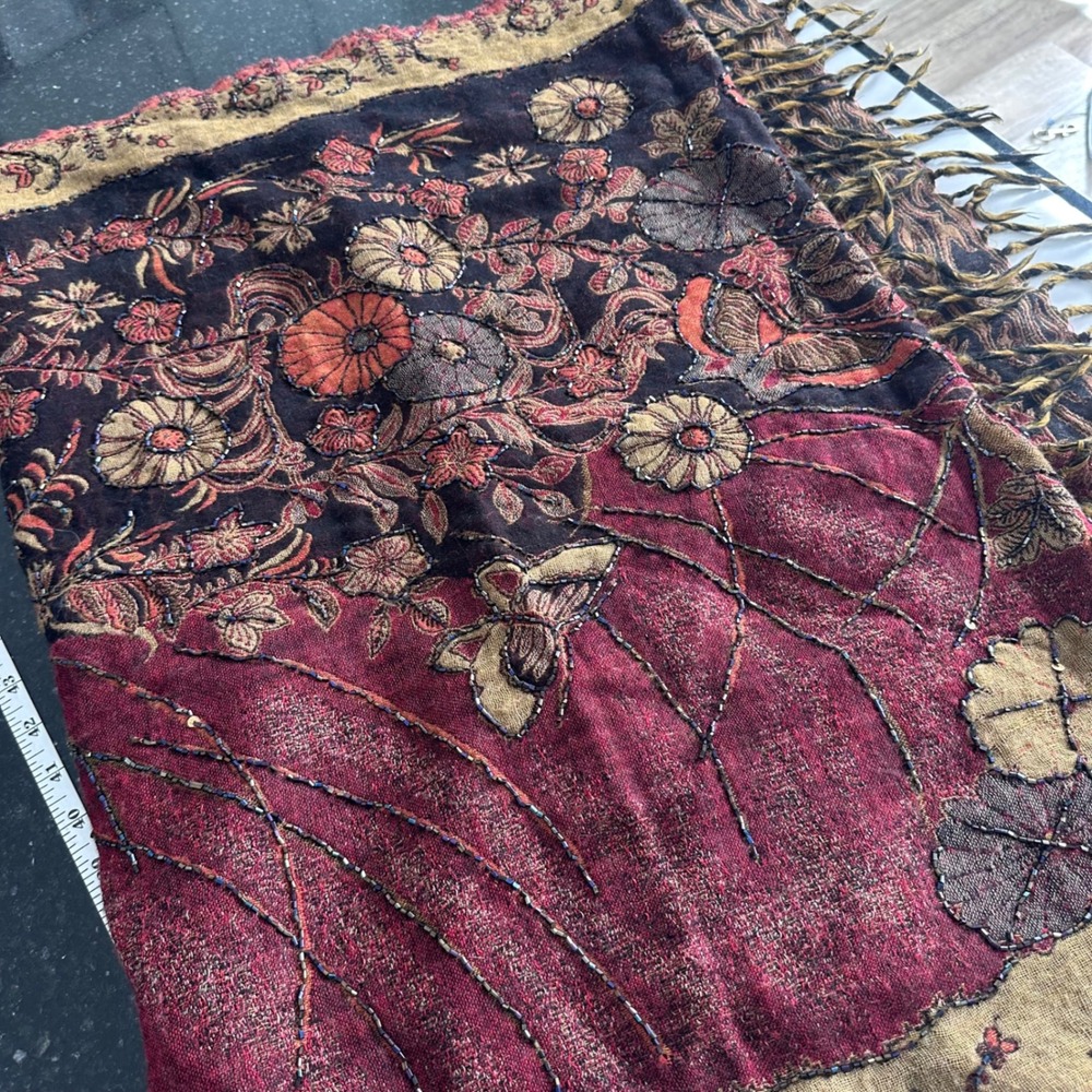 Pashmina Scarf Burgundy‎ Beaded Floral Boho Gypsy Wrap Butterflies - Picture 12 of 12